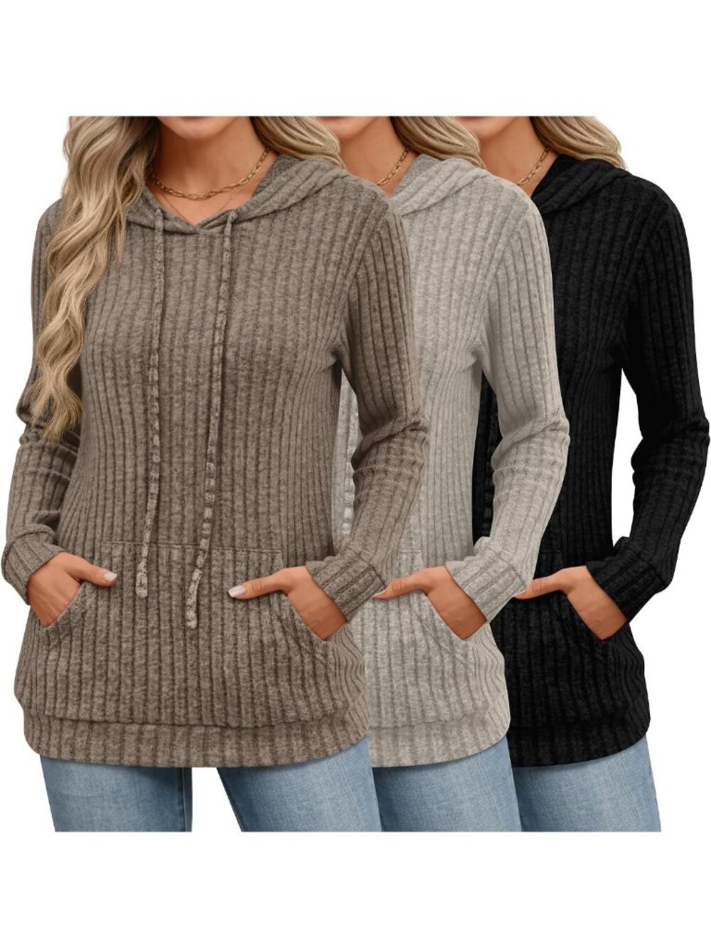 Cozy 3-Pack Women's Long Sleeve Ribbed Hoodies - Stylish & Comfortable Sweaters